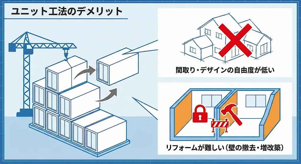 ・箱型ユニットを組み合わせる構造上、間取りやデザインの自由度が低く制限されやすい。 • 構造体が一体化しているため、将来的な壁の撤去や増改築などのリフォームが非常に難しい。