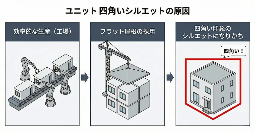 ・効率的な生産とフラット屋根の採用により、シルエットが四角い印象になりがち