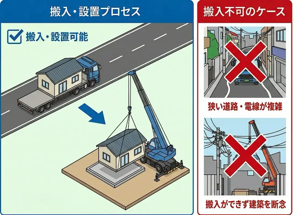 大型トラックでユニットを運び、大型クレーンで吊り上げて設置します。 そのため、前面道路が狭い場所や電線が複雑な都市部の狭小地では、搬入ができず建築を断念せざるを得ないケースがあります。